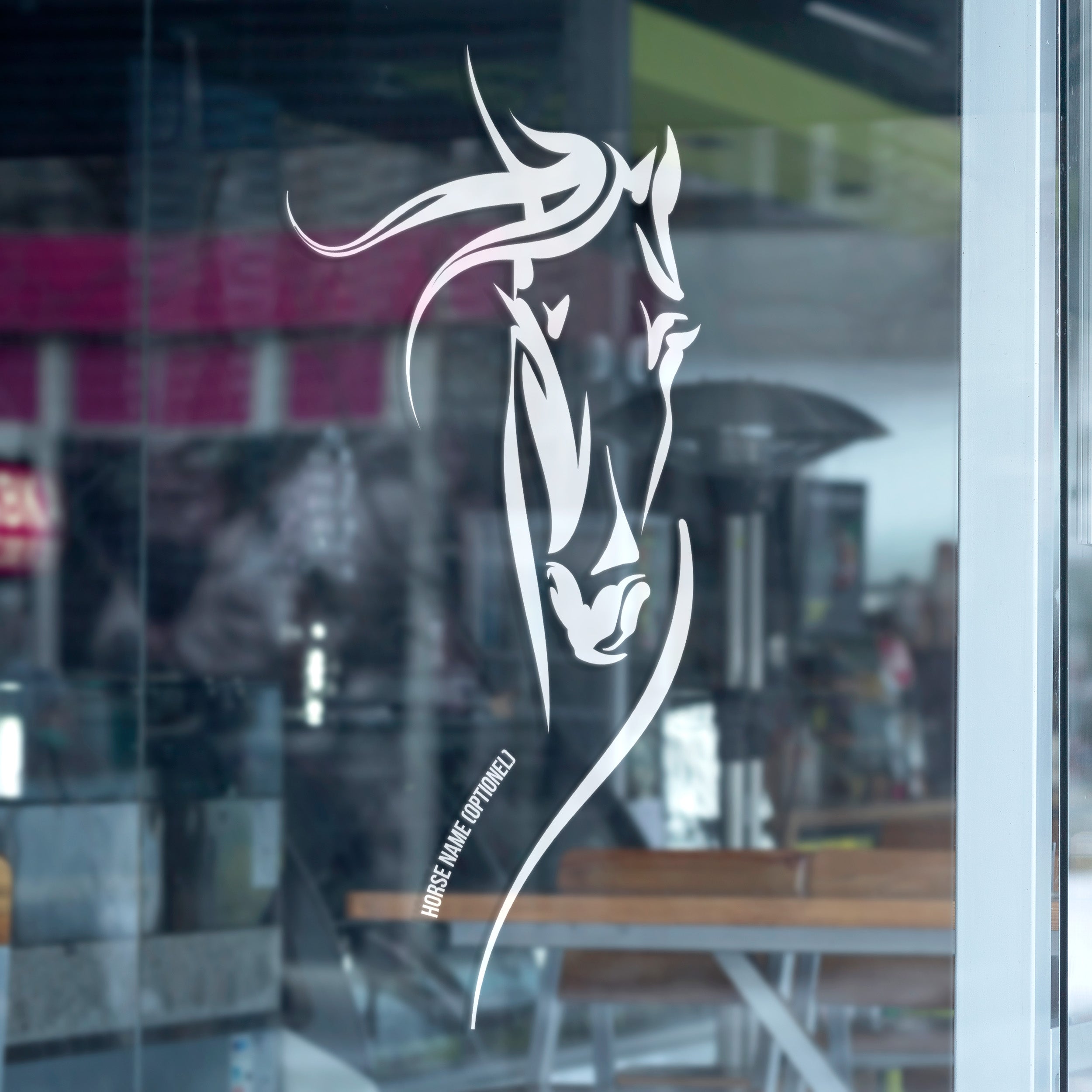 Horse Line Art Wandtattoo mit Namen – Minimalistischer Pferdekopf Vinyl Aufkleber für Wand, Stall & Auto