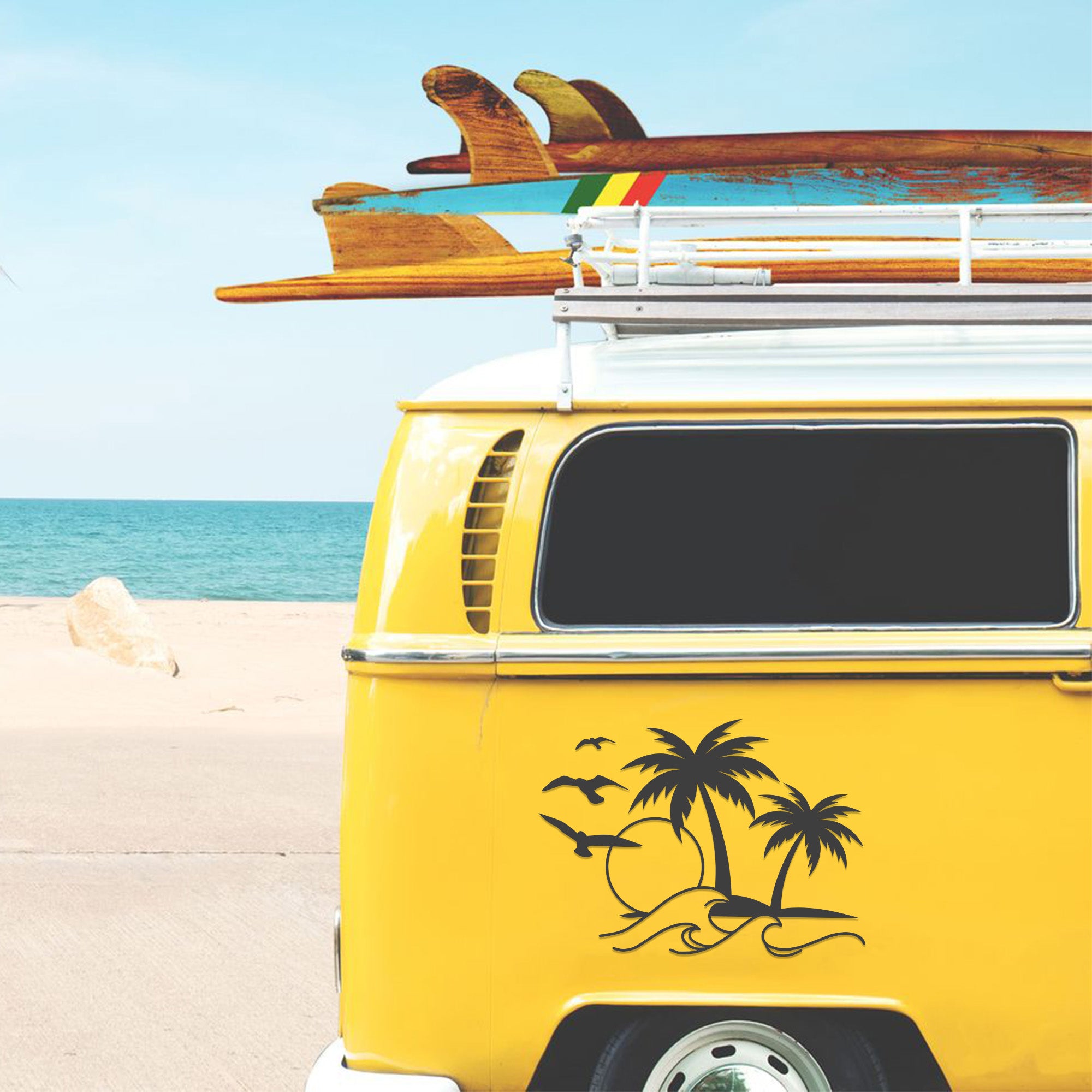 Sonne Welle Palmen Aufkleber – Camper Vanlife Decal | Surf Style Auto & Wohnmobil Sticker | Premium Vinyl