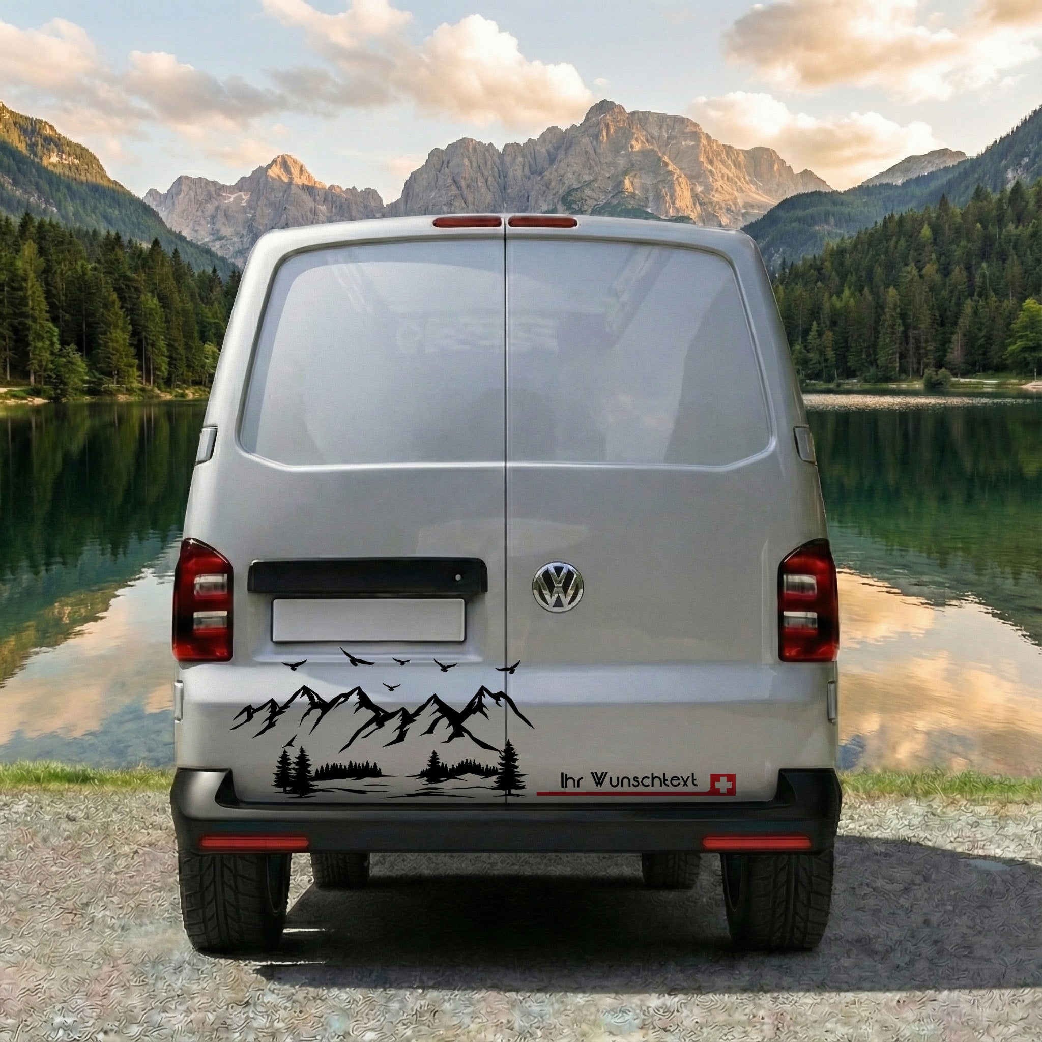 VW T5 T6 T6.1 Seitenstreifen Aufkleber Berge – Personalisiert mit Wunschtext & Flagge | Camper Van Dekor Set