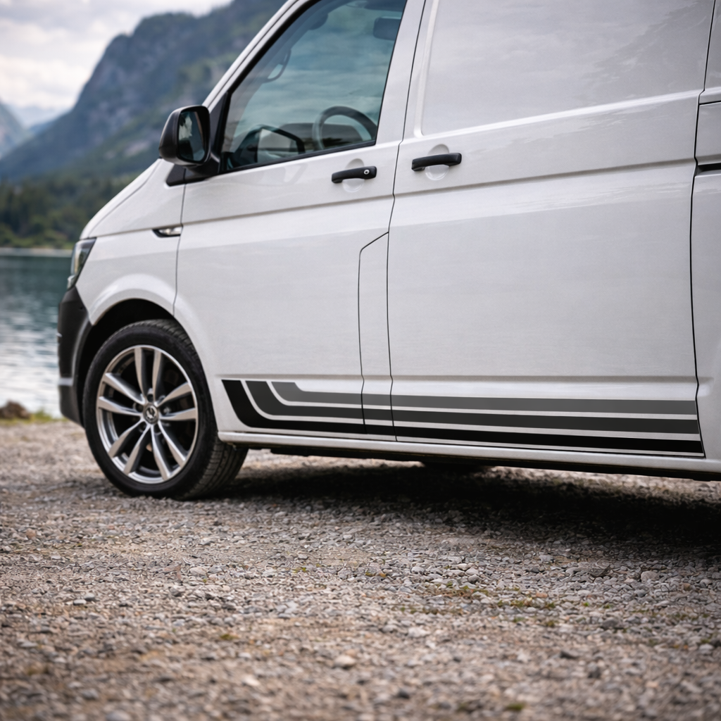Modern Camper Van Side Stripe Decal Set (Left & Right) – Black & Grey Retro Vinyl