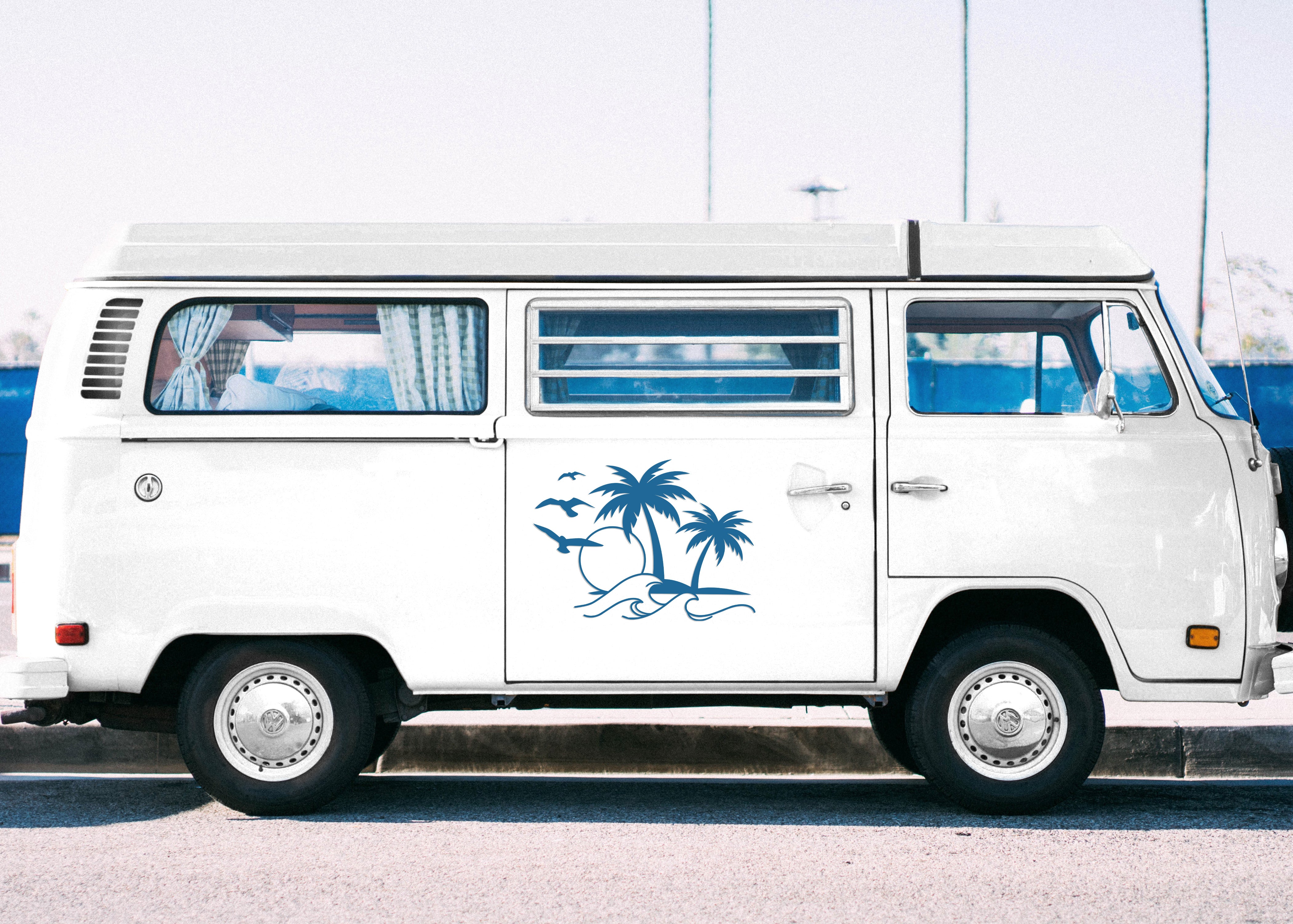 Sonne Welle Palmen Aufkleber – Camper Vanlife Decal | Surf Style Auto & Wohnmobil Sticker | Premium Vinyl