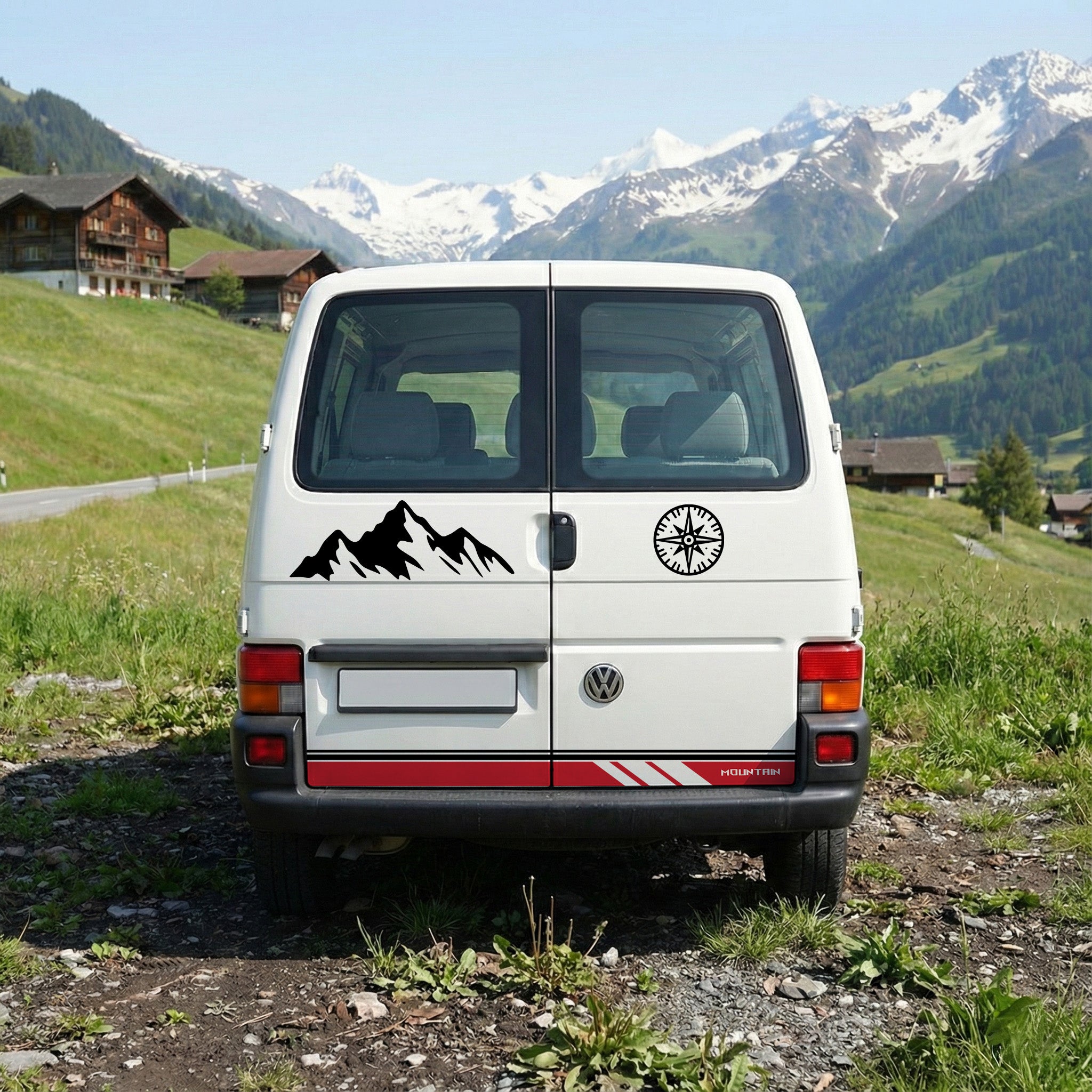 VW T4 Seitenstreifen Aufkleber Berge & Kompass – Camper Vanlife Auto Sticker personalisiert