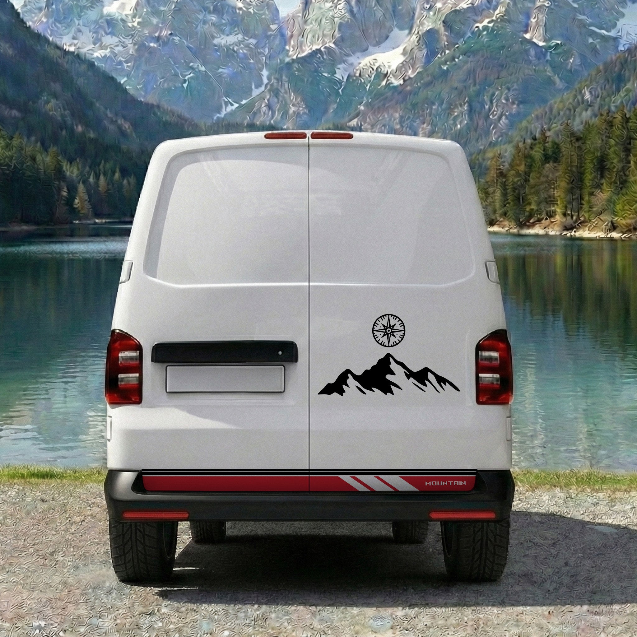 VW T5 T6 T6.1 Camper Seitenstreifen Set Berge & Kompass – Vanlife Aufkleber personalisiert