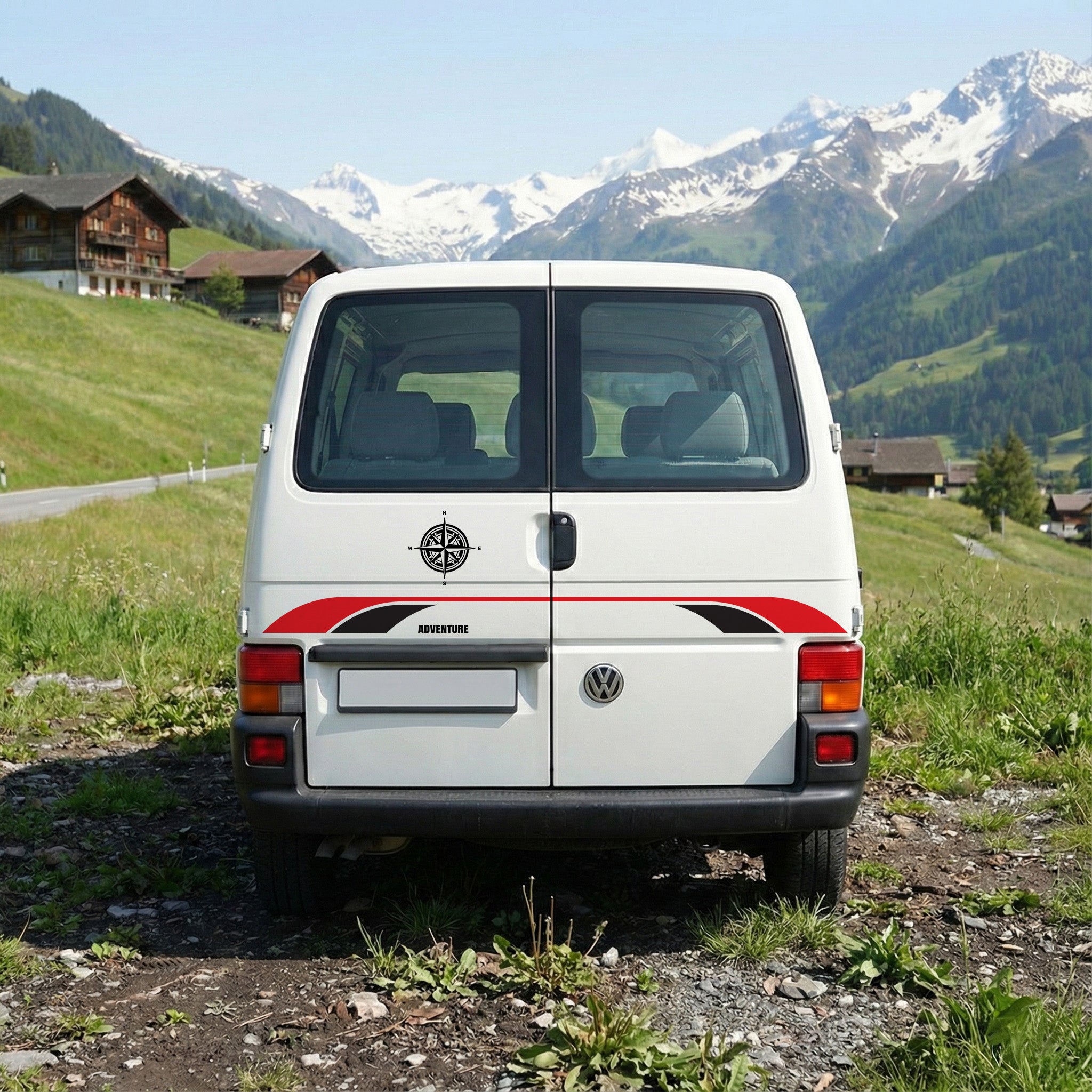 VW T4 Adventure Seitenstreifen Set – Camper Aufkleber mit Wunschtext & Kompass Design