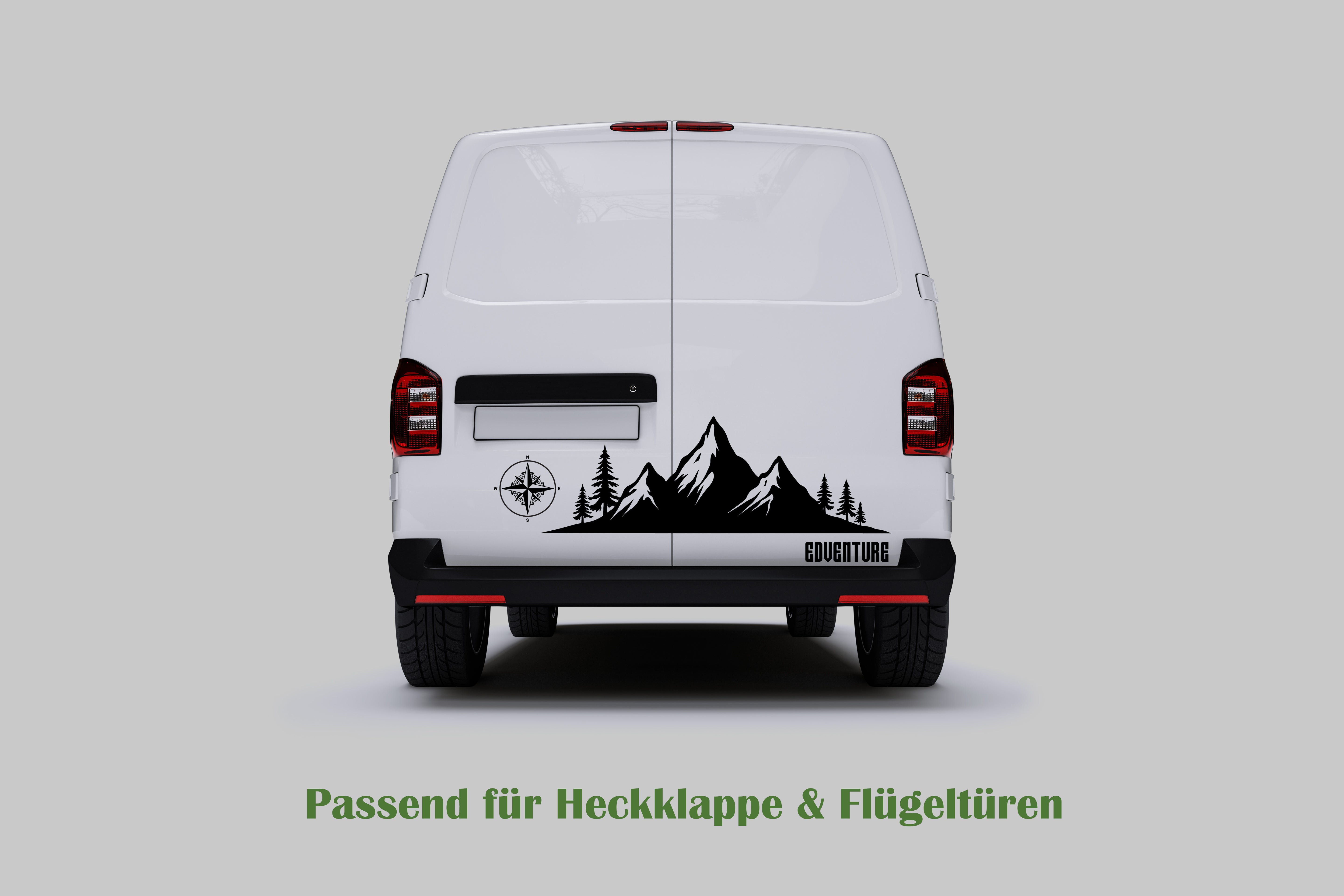 VW T5 / T6 Seitenstreifen „Adventure“ Berge & Kompass – personalisierbar – Set für Seiten + Heck