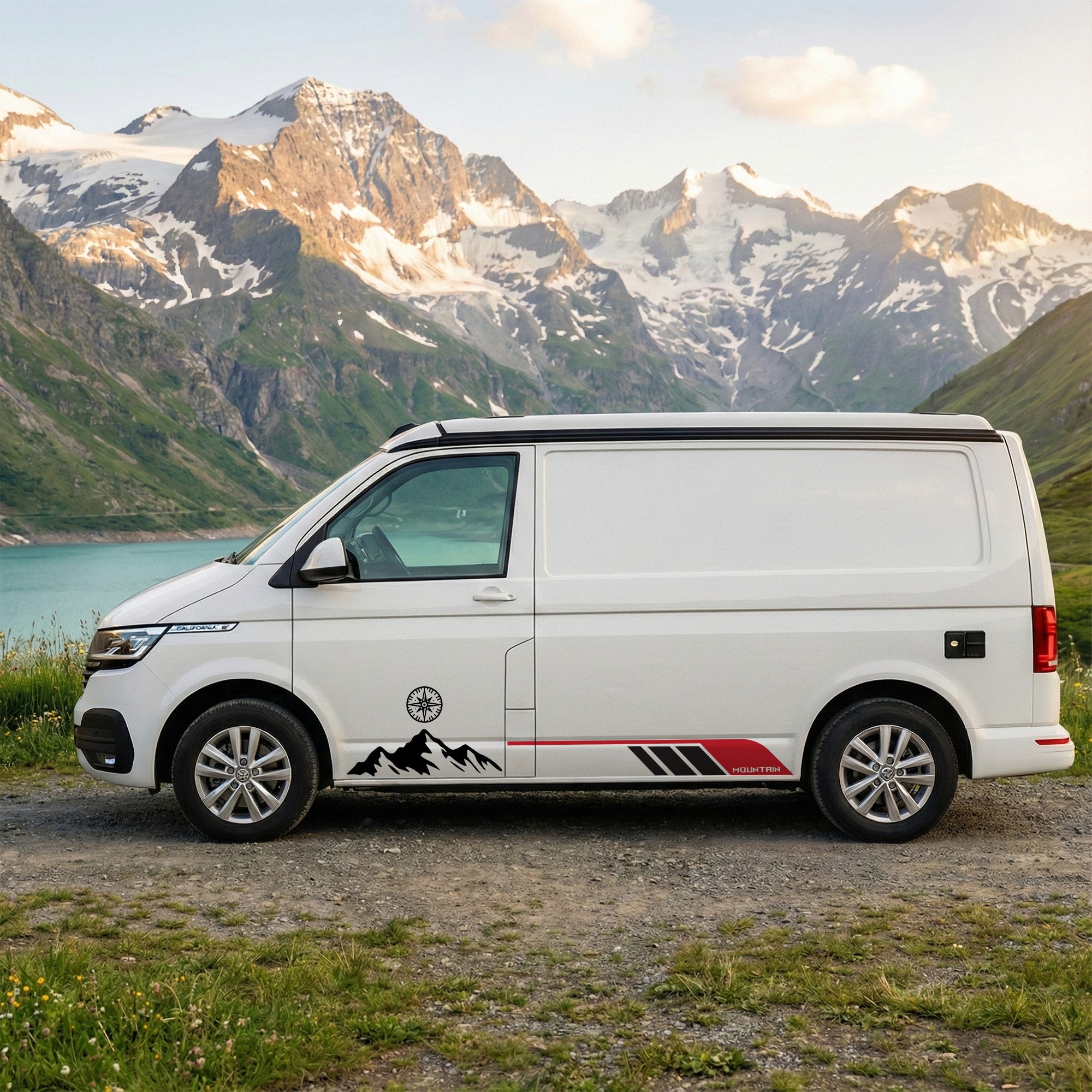 VW T5 T6 T6.1 Camper Seitenstreifen Set Berge & Kompass – Vanlife Aufkleber personalisiert