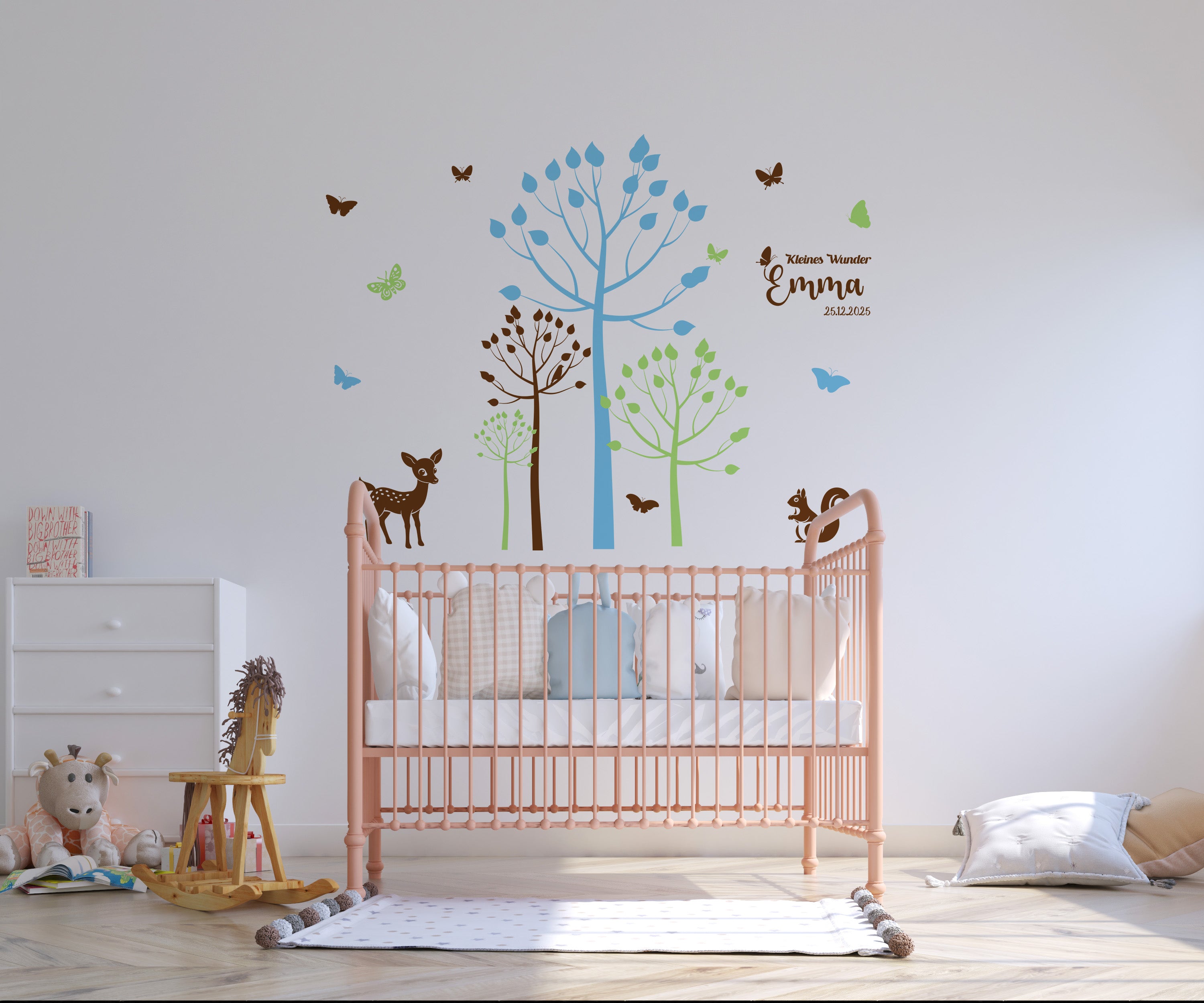 Wandtattoo Kinderzimmer Waldtiere – Personalisiert | 3-Farben Boho Wandaufkleber mit Name