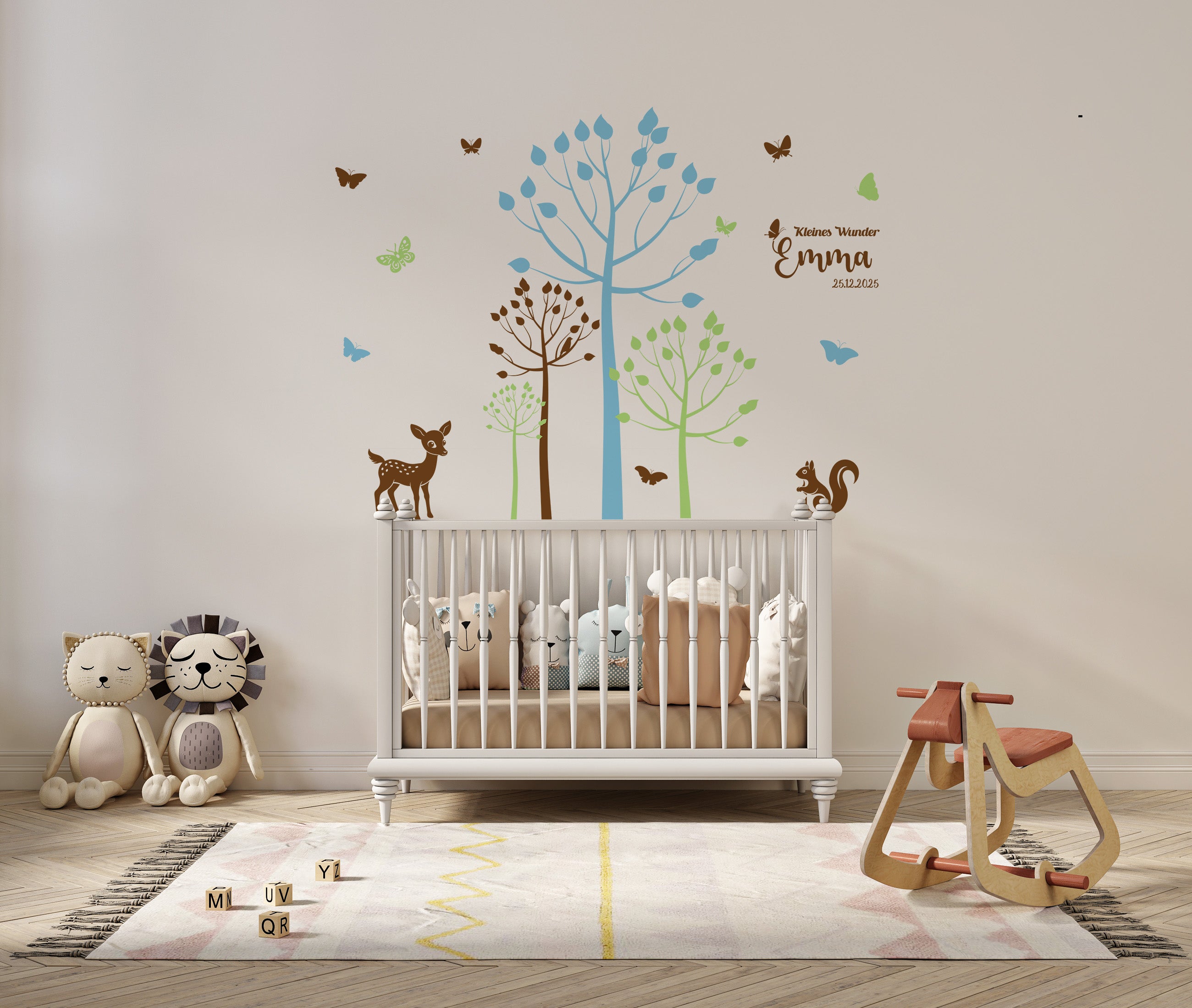 Wandtattoo Kinderzimmer Waldtiere – Personalisiert | 3-Farben Boho Wandaufkleber mit Name
