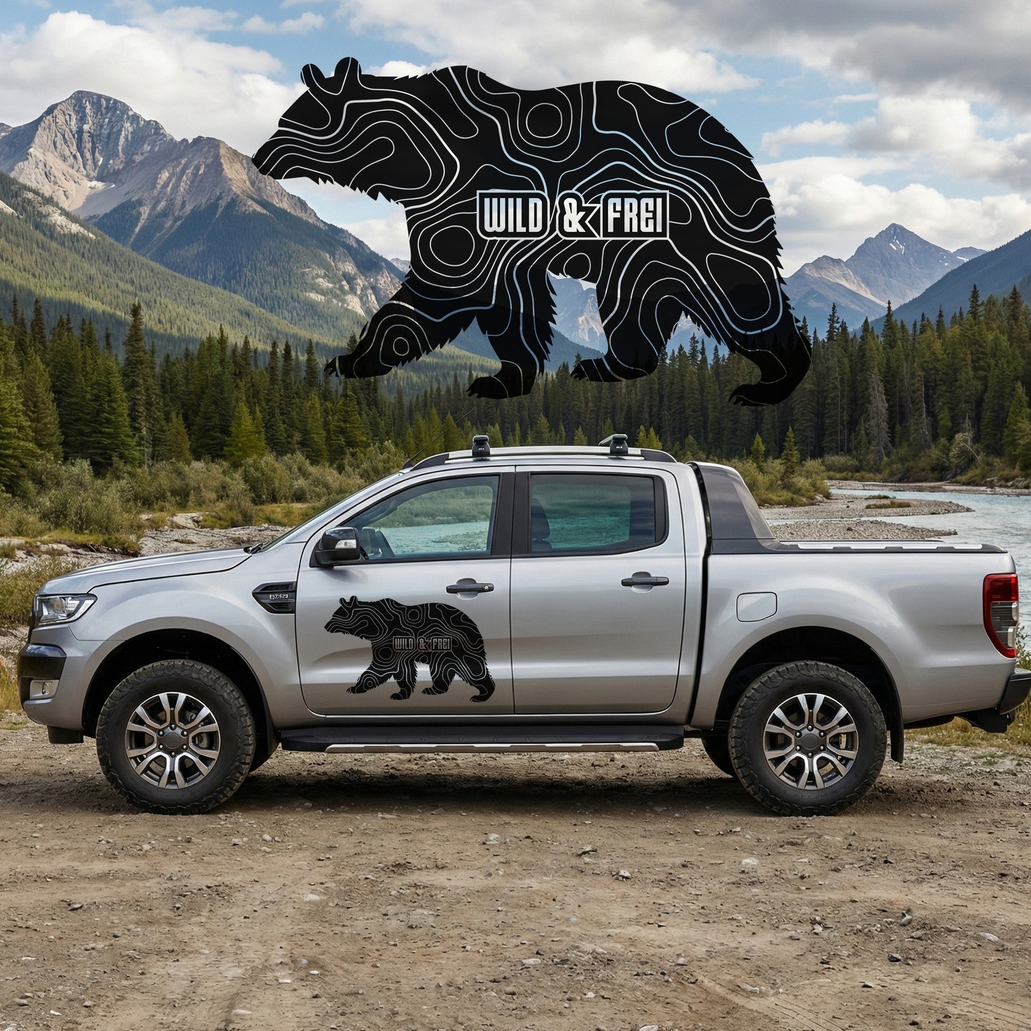 Wild & Frei Bär Autoaufkleber – Vanlife Camper Sticker mit topografischem Design – Outdoor Vinyl