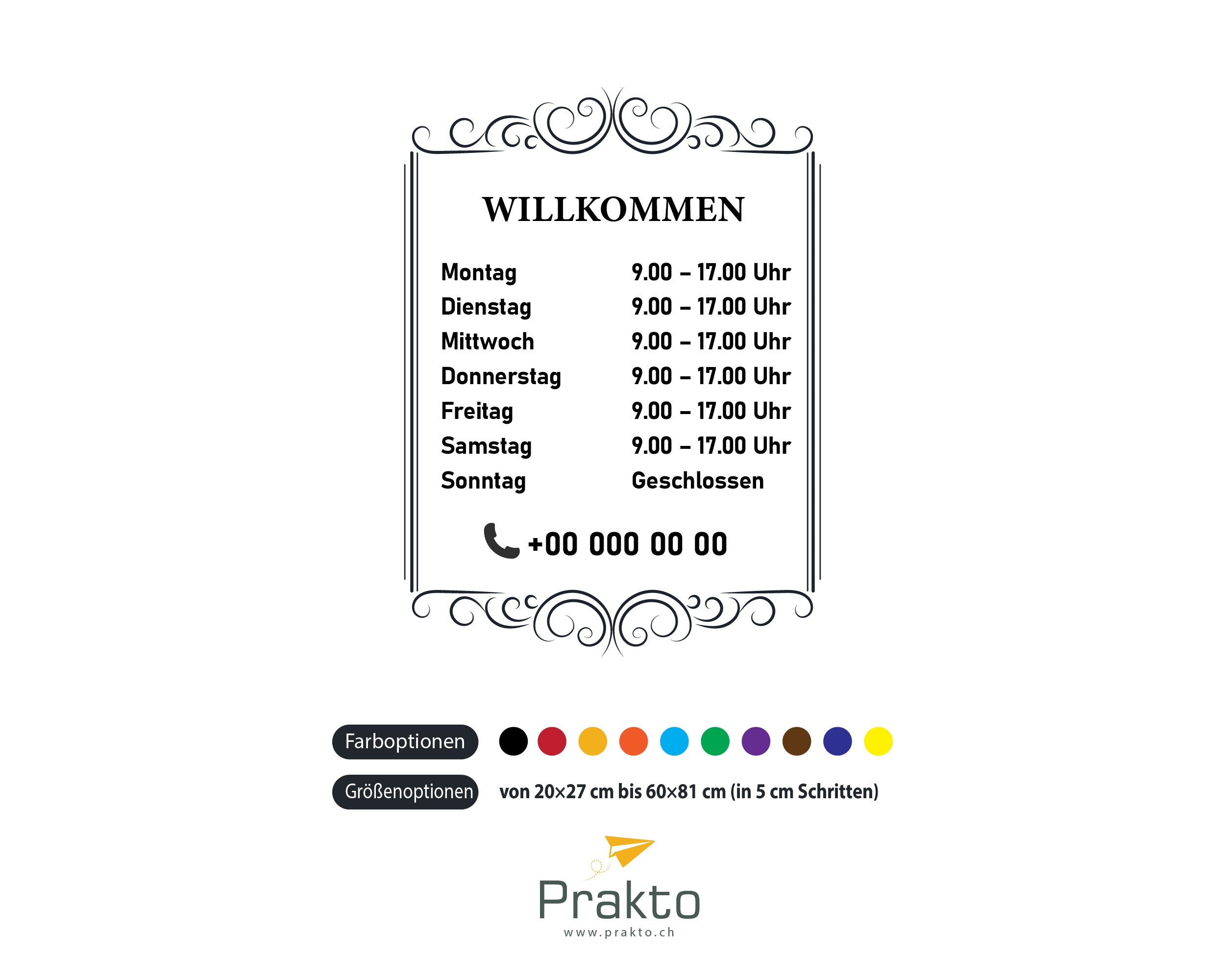 Willkommen Öffnungszeiten Aufkleber – Personalisierte Fensterfolie für Geschäft, Café & Studio