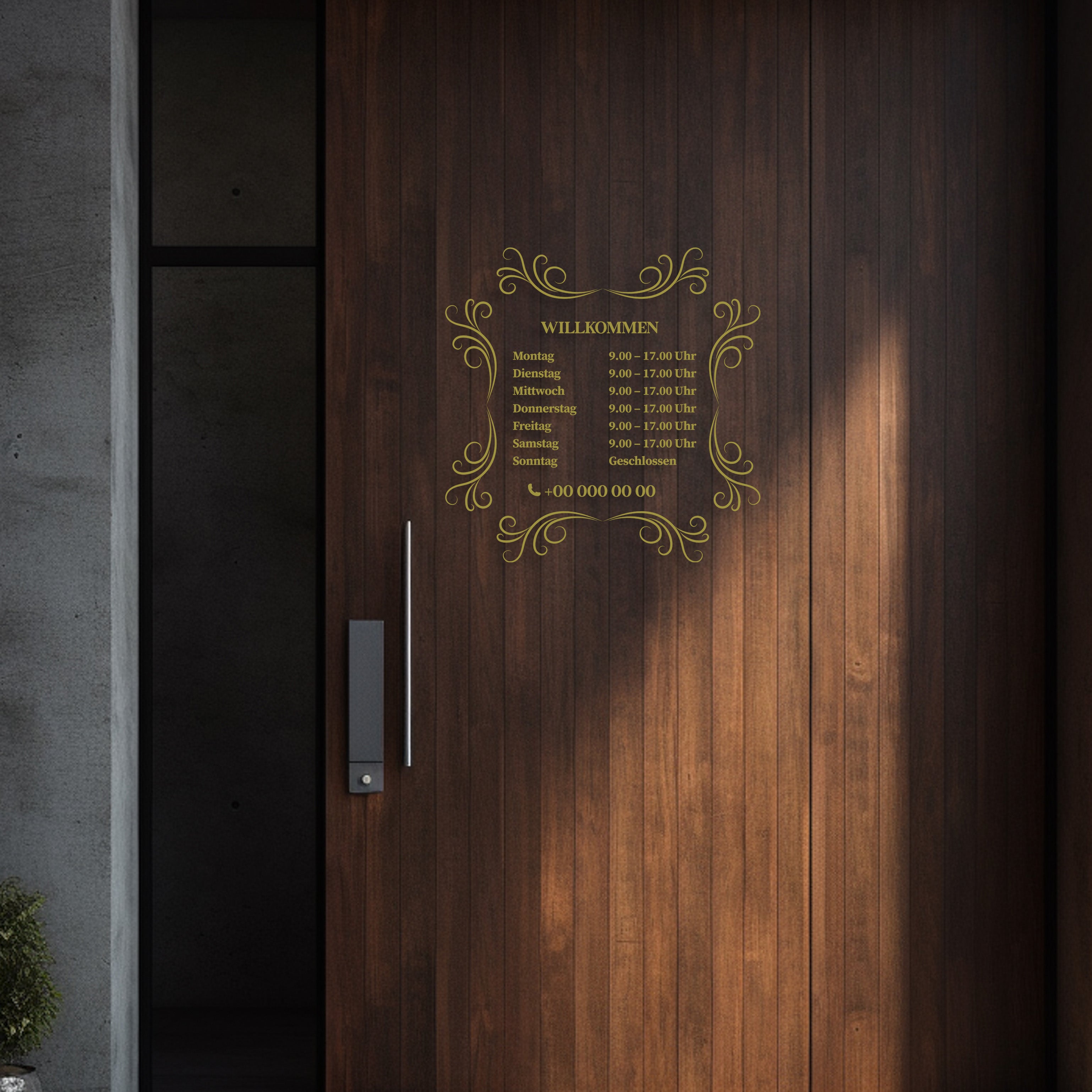 Willkommen Öffnungszeiten Aufkleber – Fensterfolie mit Öffnungszeiten & Telefonnummer für Geschäft, Café & Studio