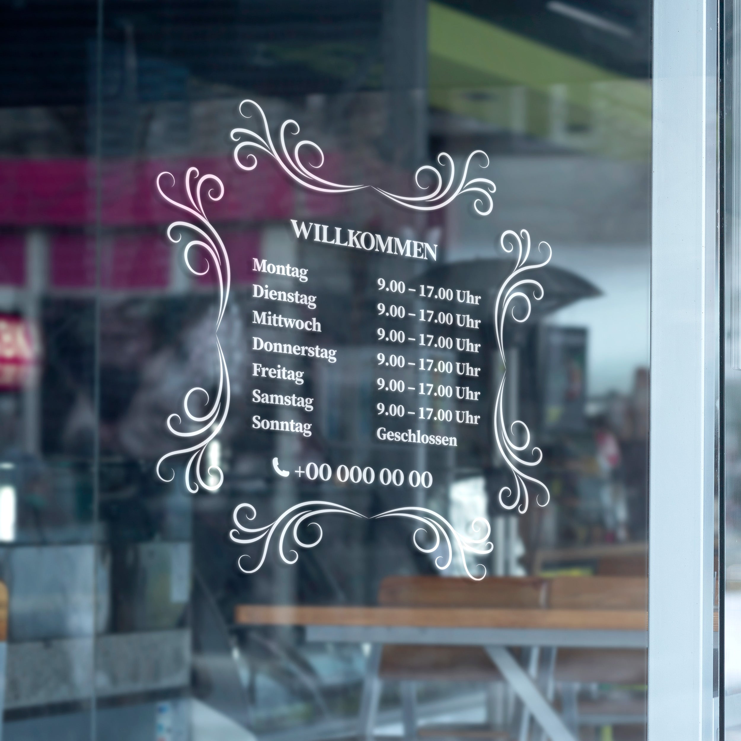 Willkommen Öffnungszeiten Aufkleber – Fensterfolie mit Öffnungszeiten & Telefonnummer für Geschäft, Café & Studio