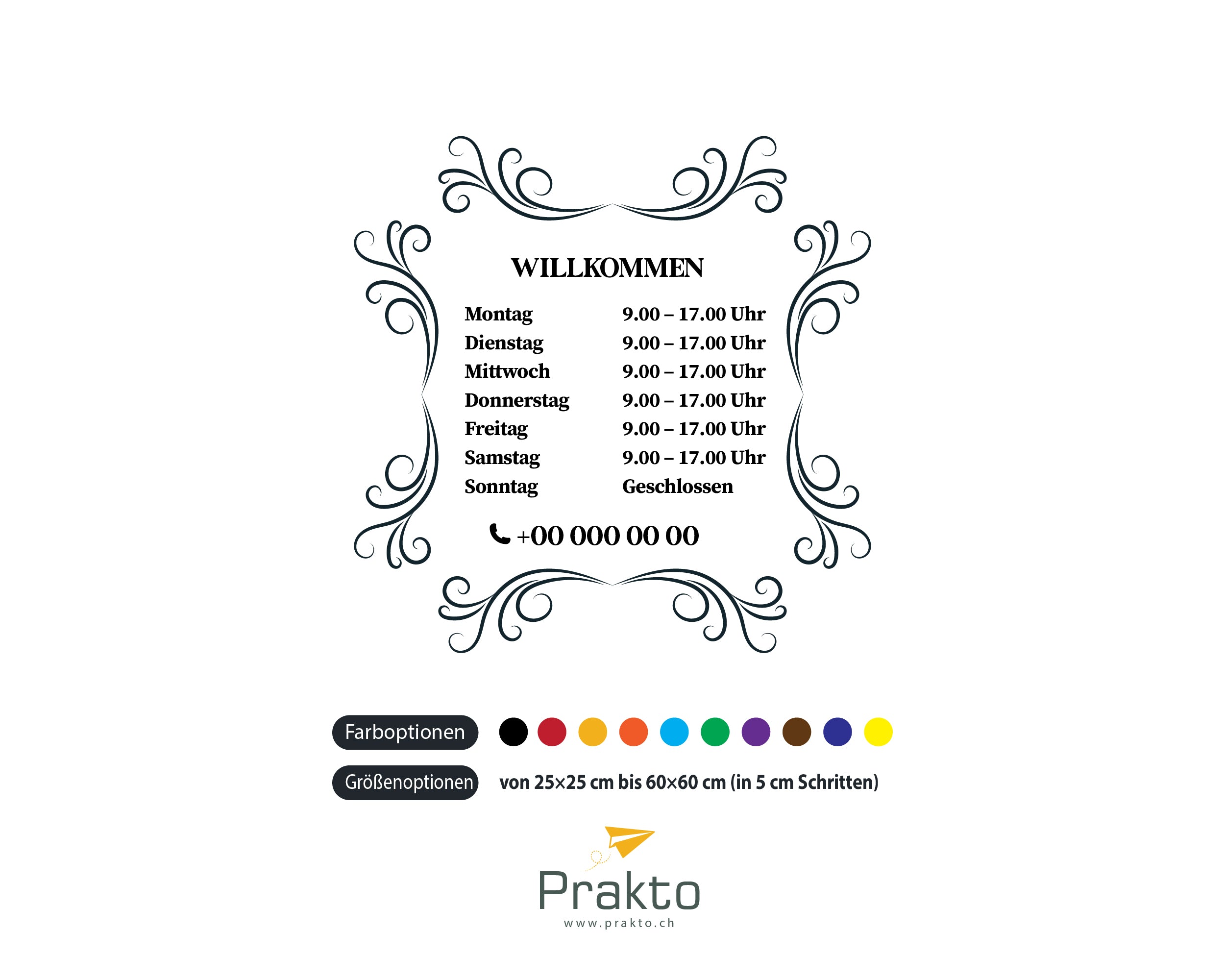 Willkommen Öffnungszeiten Aufkleber – Fensterfolie mit Öffnungszeiten & Telefonnummer für Geschäft, Café & Studio