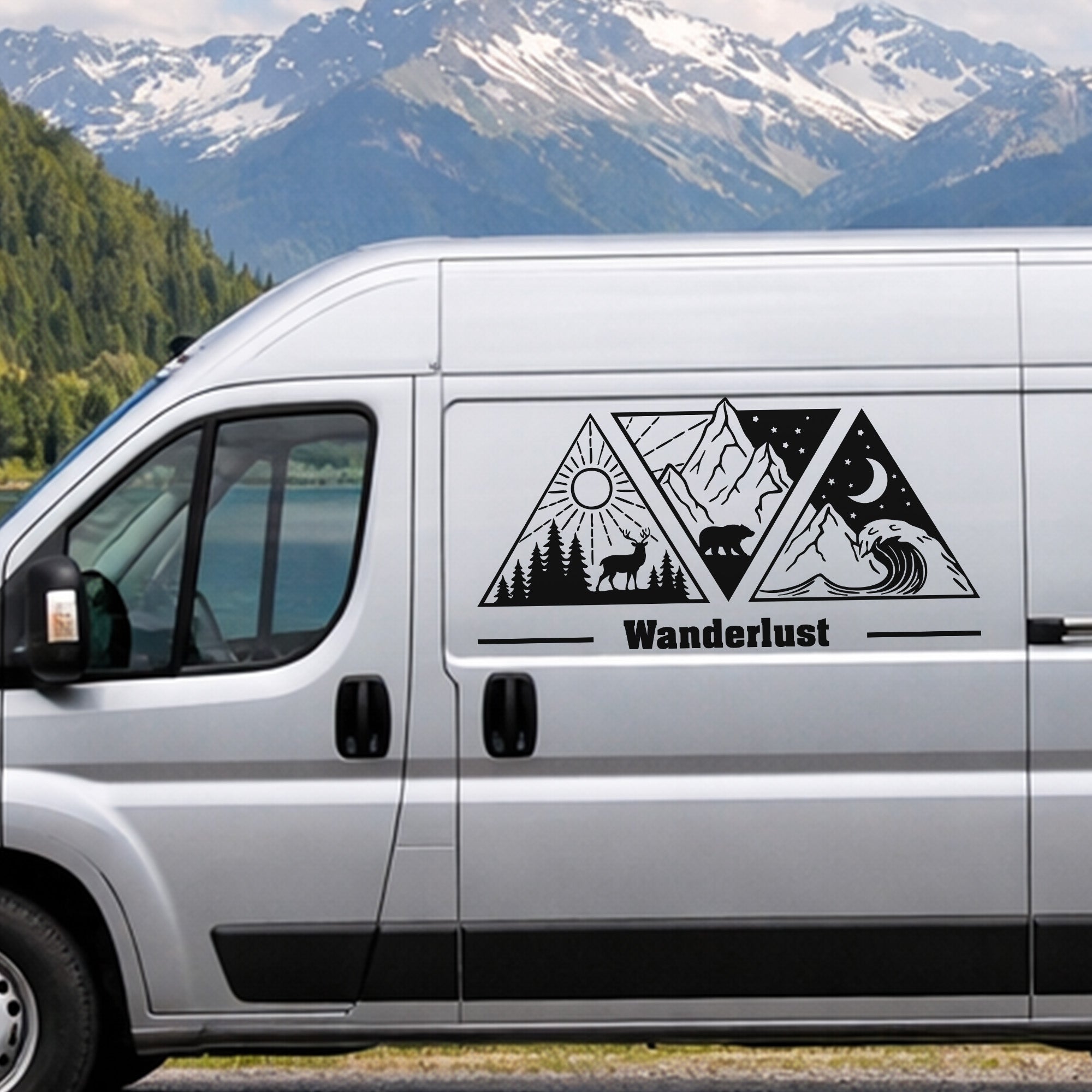 Wohnmobil Aufkleber Berge Wald & Bär – Personalisiertes Vanlife Sticker Set für Camper & Van